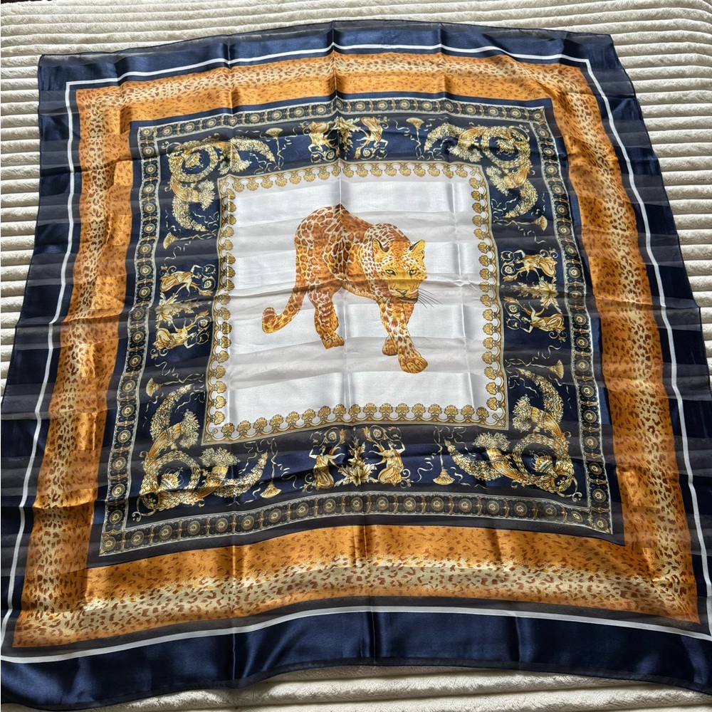 Beautiful Huge Scarf Navy Blue with White and Leopard details